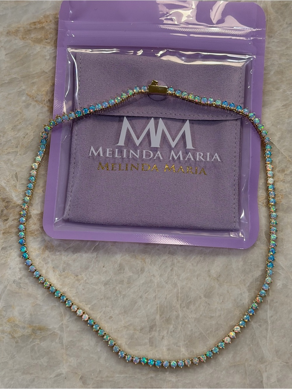 MELINDA MARIA | Not Your Basic Tennis Necklace 3mm - Gold & Blue Opal - Picture 6 of 12